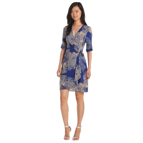 BCBGMaxAzria Blue and Tan Floral Wrap Dress - Picture 9 of 9